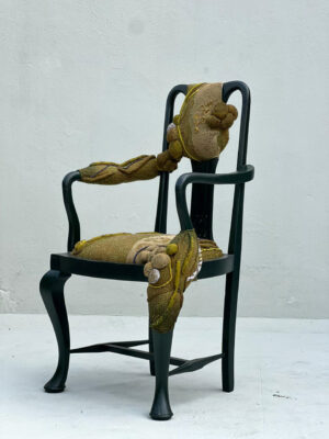 Upcycled fabric, foam and embroidery on thrifted furniture