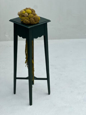 Upcycled fabric, foam and embroidery on thrifted furniture